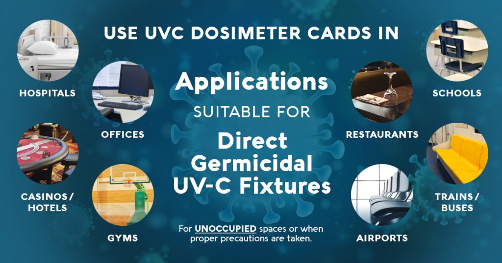 Use UVC Dosimeter Cards in Applications Suitable for Direct Germicidal UV-C Fixtures (For UNOCCUPIED spaces or when proper precautions are taken.)