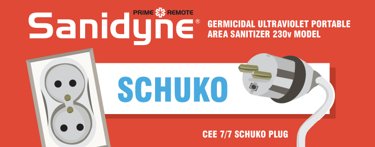 Sanidyne 220v UV Portable Area Sanitizer Models Use a Schuko CEE7/7 Plug