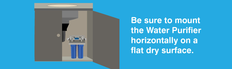Be sure to mount the water purifier horizontally on a flat dry surface