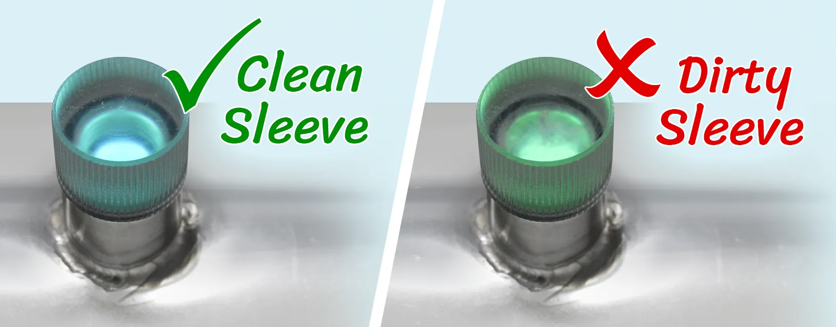 Blue sight port from a clean quartz sleeve vs. a green sight port from a dirty sleeve