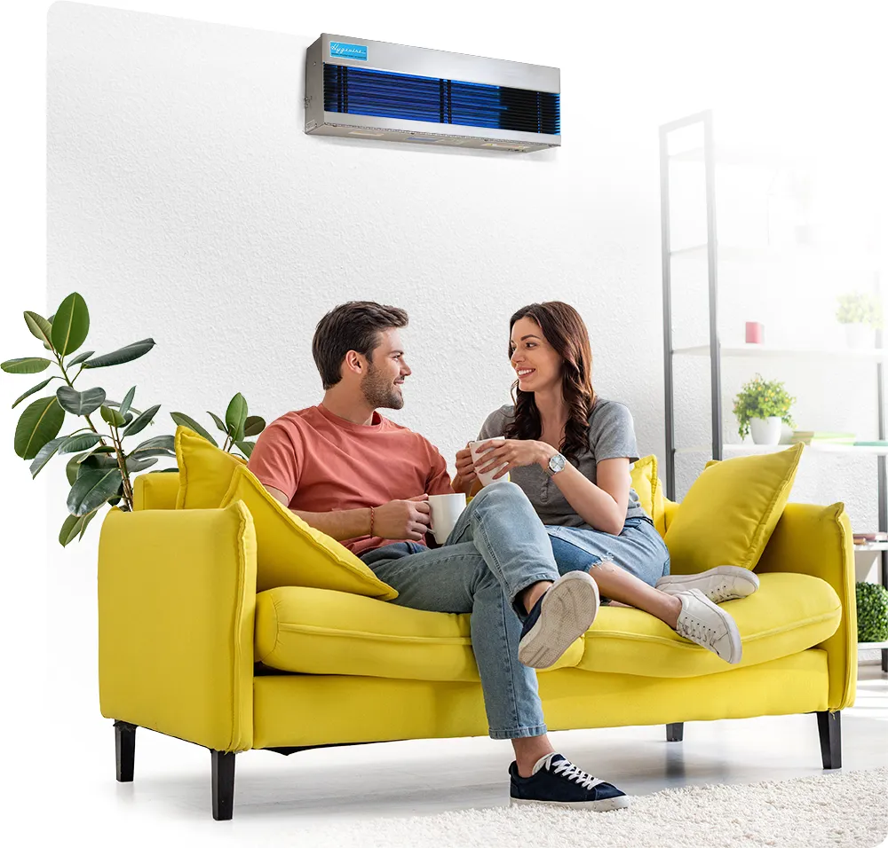 Upper room UV disinfection on living room wall