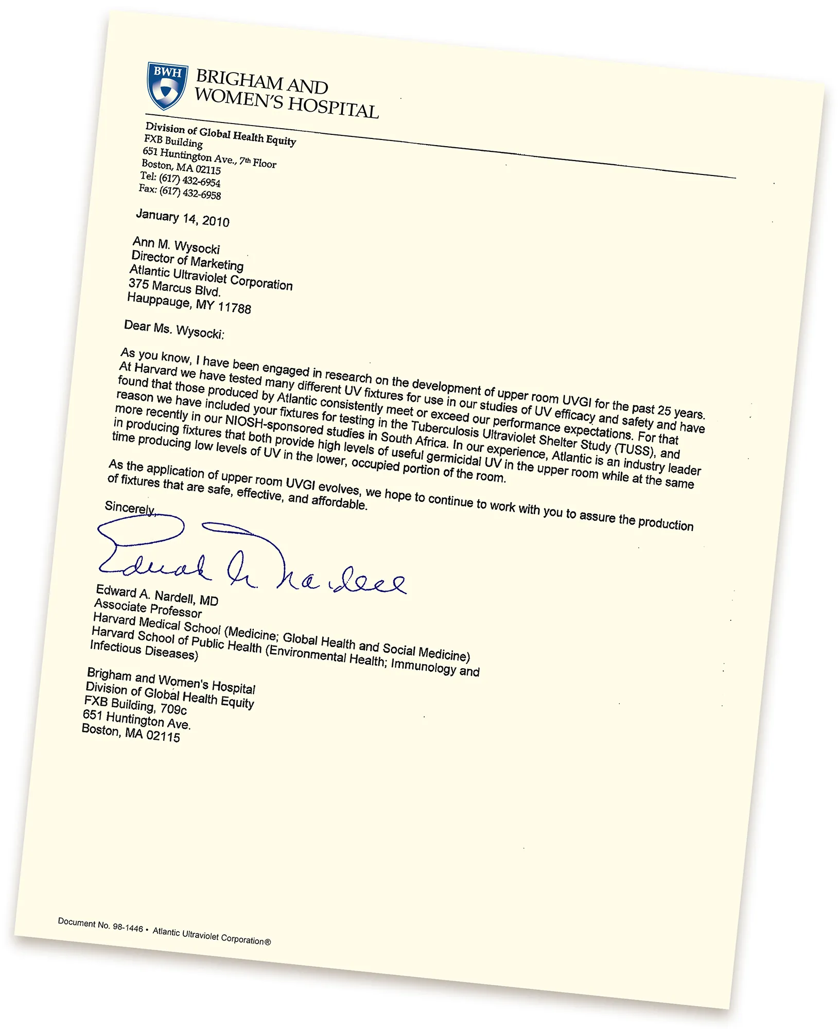 Upper room UVGI positive letter
