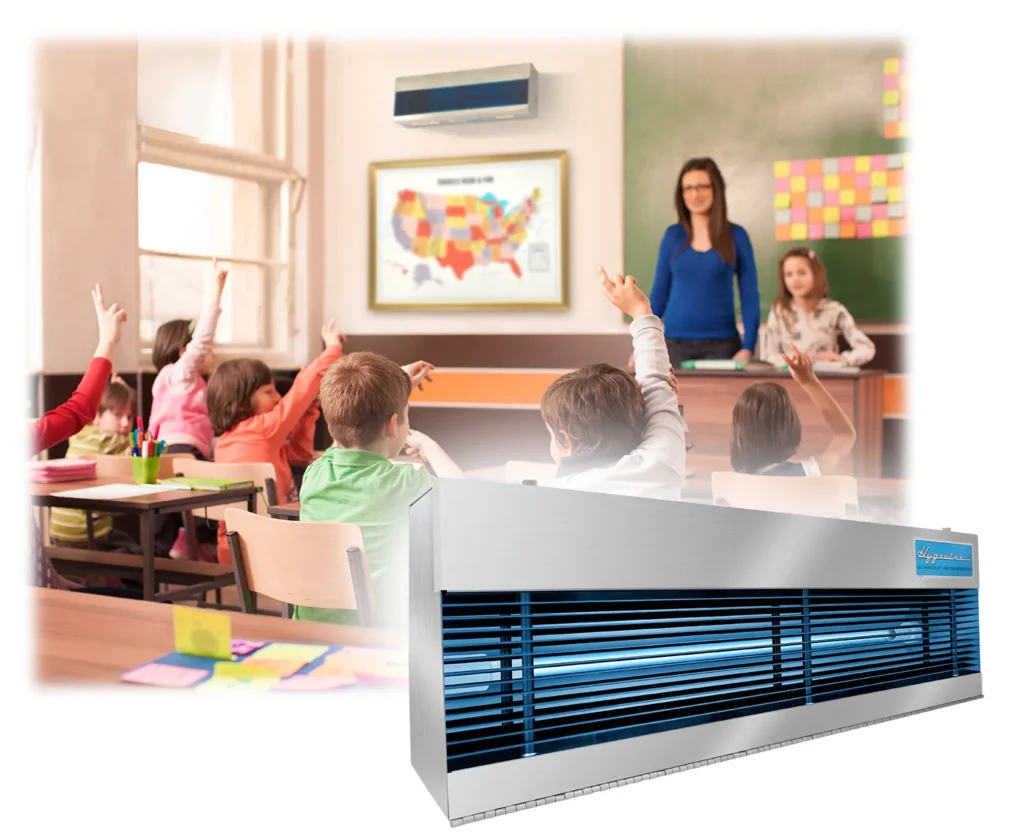 Upper room UVGI fixture in classroom