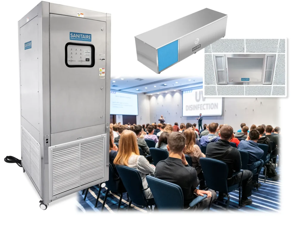 School auditorium with UV room air disinfection models
