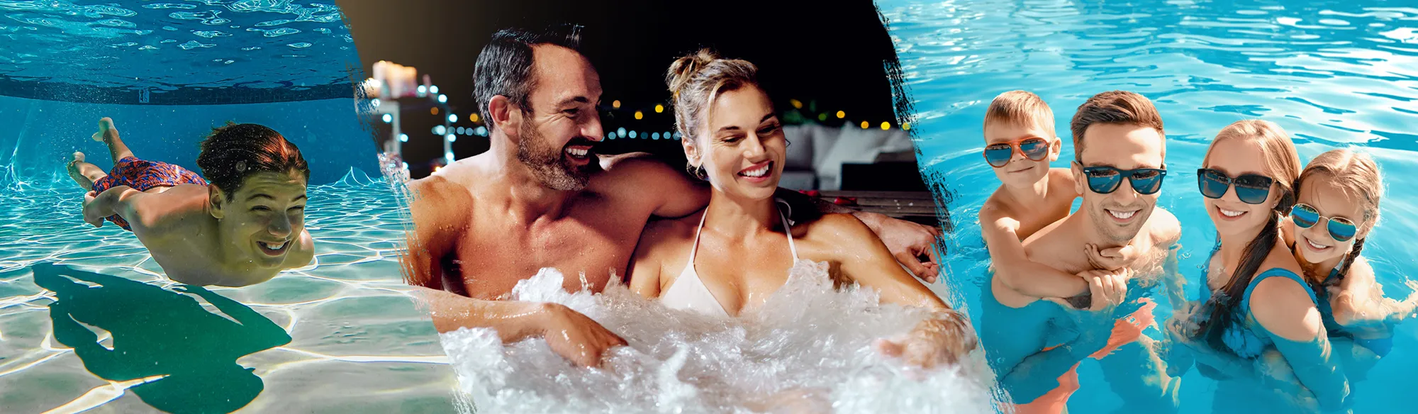 People swimming in pools and using a hot tub