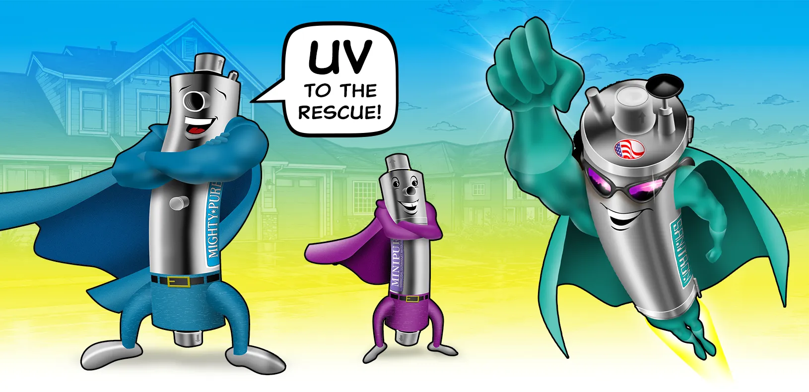 Cartoon UV water purifiers on a residential street