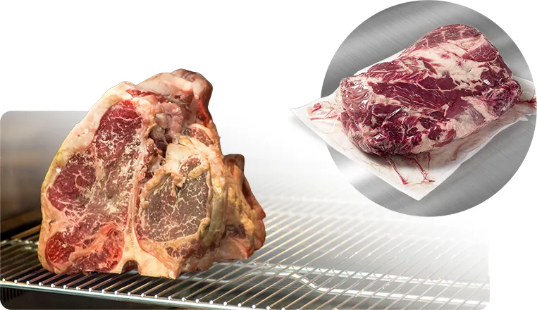 Dry aged and wet aged meat