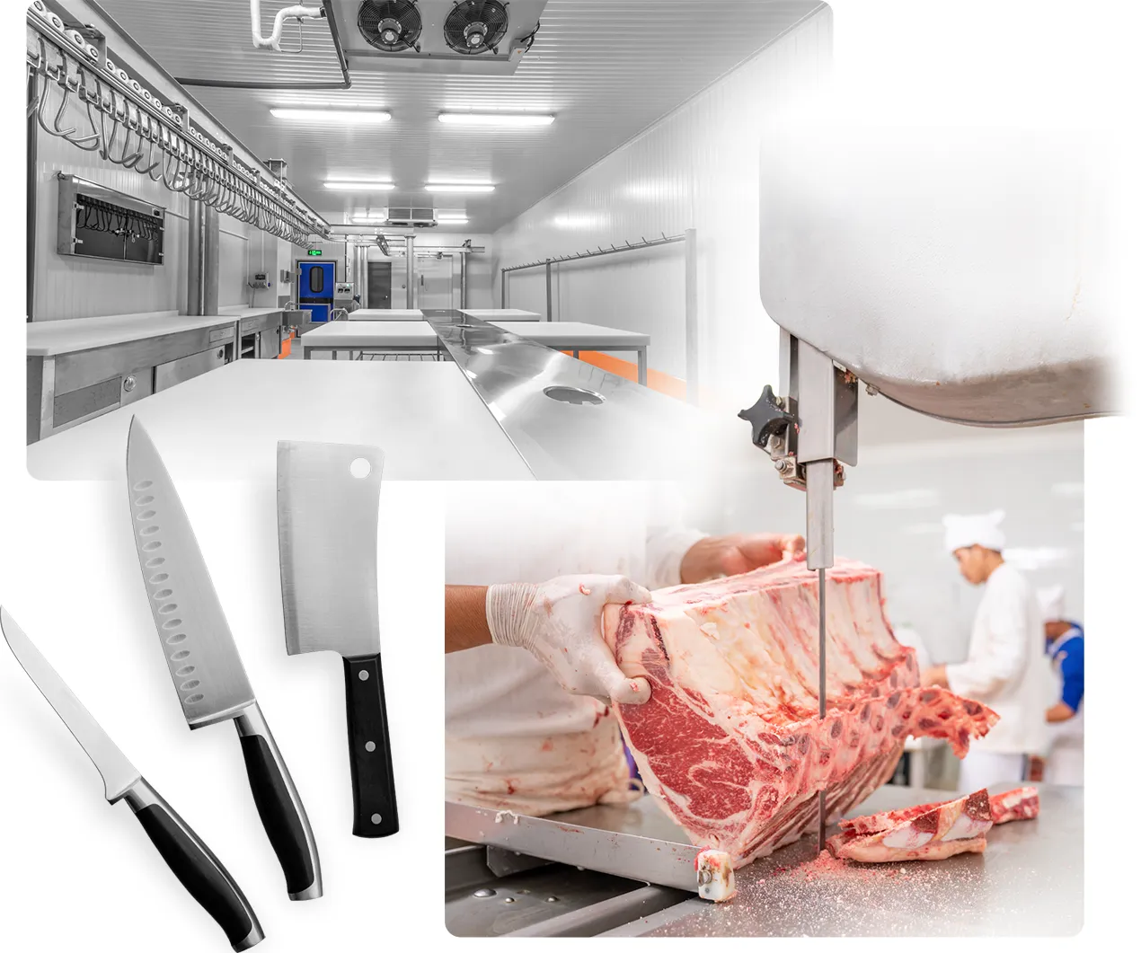 Meat processing cutting tables, knives, and saw